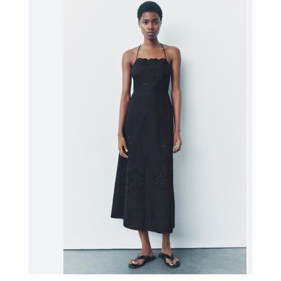 Zara Womens Dress XL Black Embroidered Eyelet Midi Backless A-Line 5107/246 NWT - Picture 1 of 10